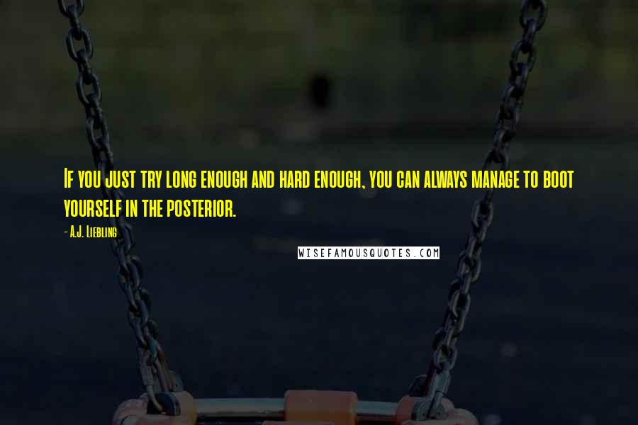 A.J. Liebling Quotes: If you just try long enough and hard enough, you can always manage to boot yourself in the posterior.