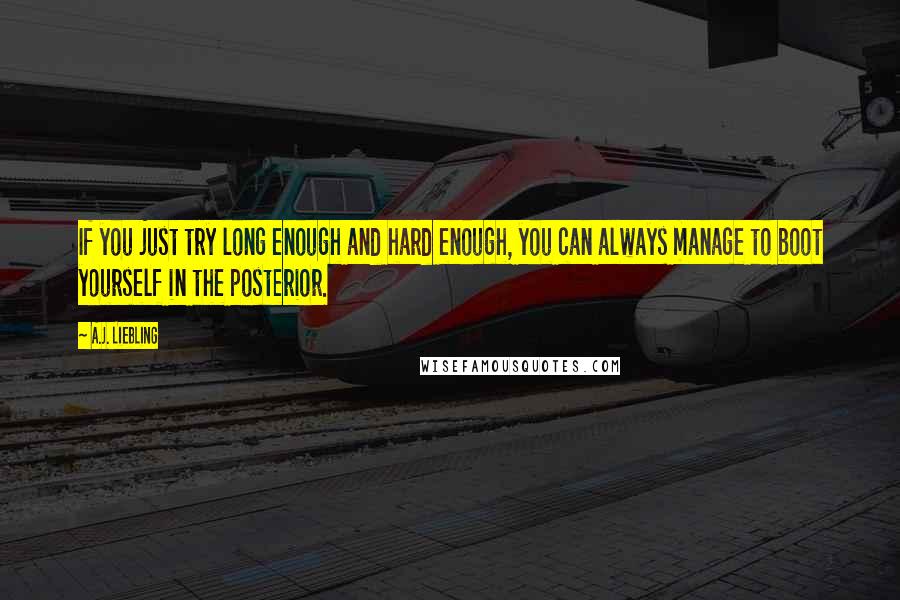 A.J. Liebling Quotes: If you just try long enough and hard enough, you can always manage to boot yourself in the posterior.