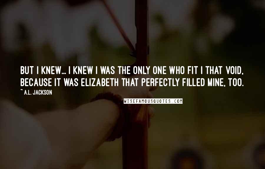 A.L. Jackson Quotes: But I knew... I knew I was the only one who fit I that void, because it was Elizabeth that perfectly filled mine, too.