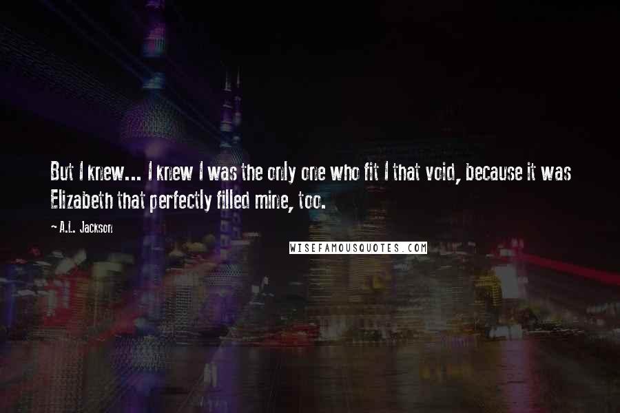 A.L. Jackson Quotes: But I knew... I knew I was the only one who fit I that void, because it was Elizabeth that perfectly filled mine, too.