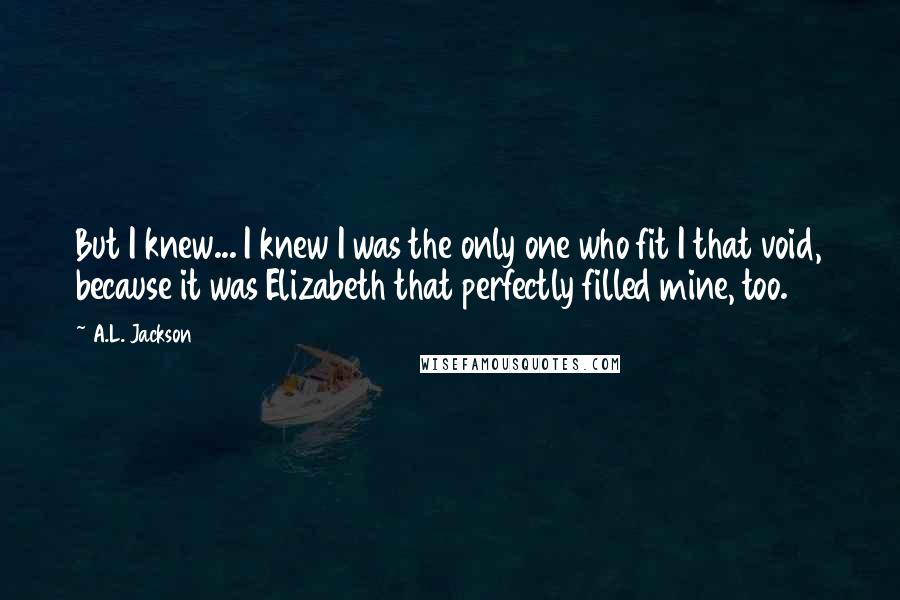 A.L. Jackson Quotes: But I knew... I knew I was the only one who fit I that void, because it was Elizabeth that perfectly filled mine, too.