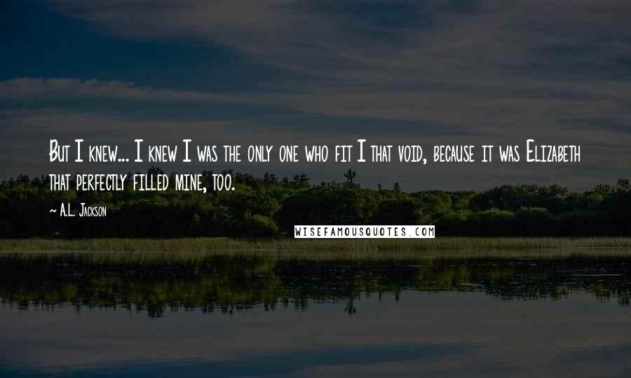 A.L. Jackson Quotes: But I knew... I knew I was the only one who fit I that void, because it was Elizabeth that perfectly filled mine, too.