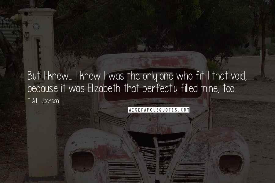 A.L. Jackson Quotes: But I knew... I knew I was the only one who fit I that void, because it was Elizabeth that perfectly filled mine, too.