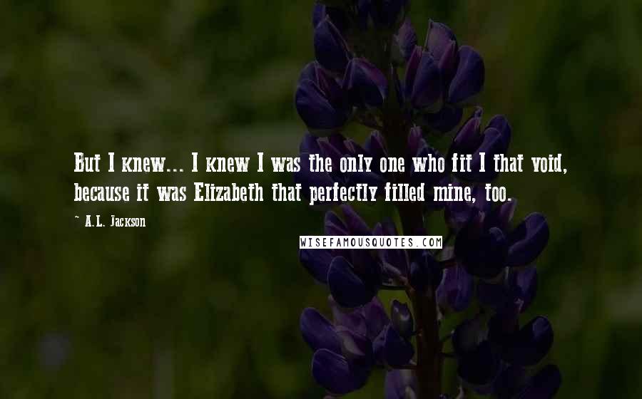 A.L. Jackson Quotes: But I knew... I knew I was the only one who fit I that void, because it was Elizabeth that perfectly filled mine, too.