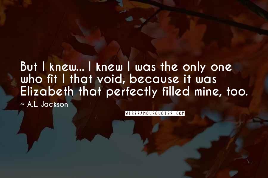 A.L. Jackson Quotes: But I knew... I knew I was the only one who fit I that void, because it was Elizabeth that perfectly filled mine, too.