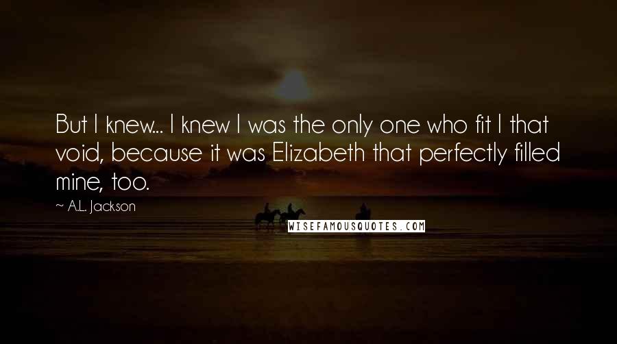 A.L. Jackson Quotes: But I knew... I knew I was the only one who fit I that void, because it was Elizabeth that perfectly filled mine, too.