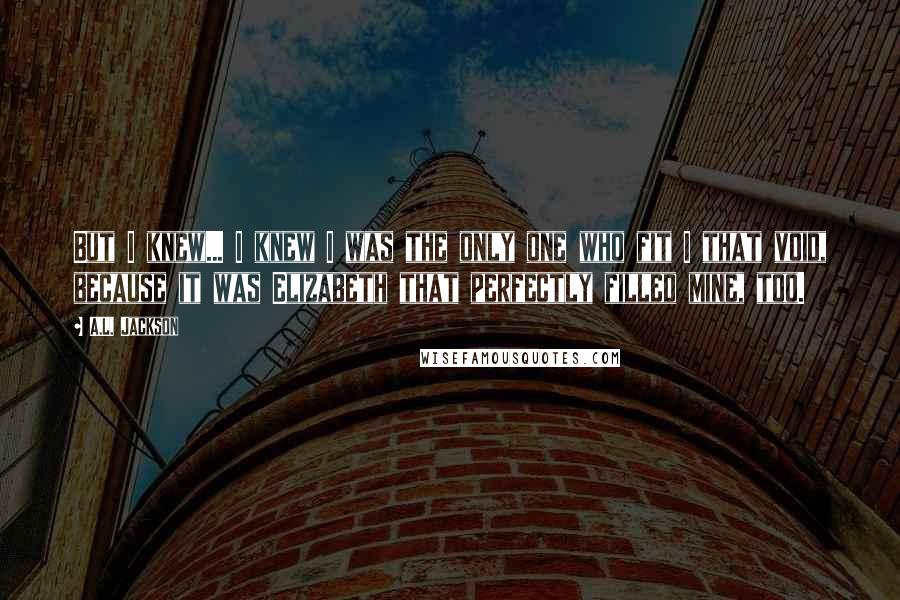 A.L. Jackson Quotes: But I knew... I knew I was the only one who fit I that void, because it was Elizabeth that perfectly filled mine, too.