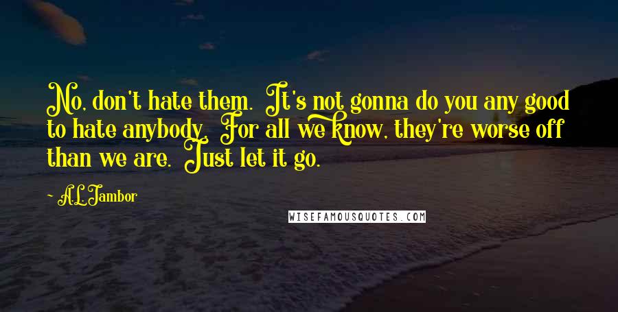 A.L. Jambor Quotes: No, don't hate them. It's not gonna do you any good to hate anybody. For all we know, they're worse off than we are. Just let it go.