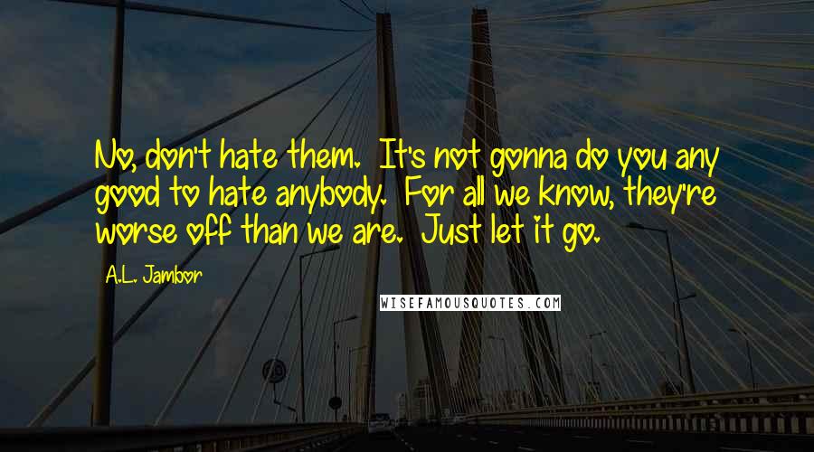 A.L. Jambor Quotes: No, don't hate them.  It's not gonna do you any good to hate anybody.  For all we know, they're worse off than we are.  Just let it go.