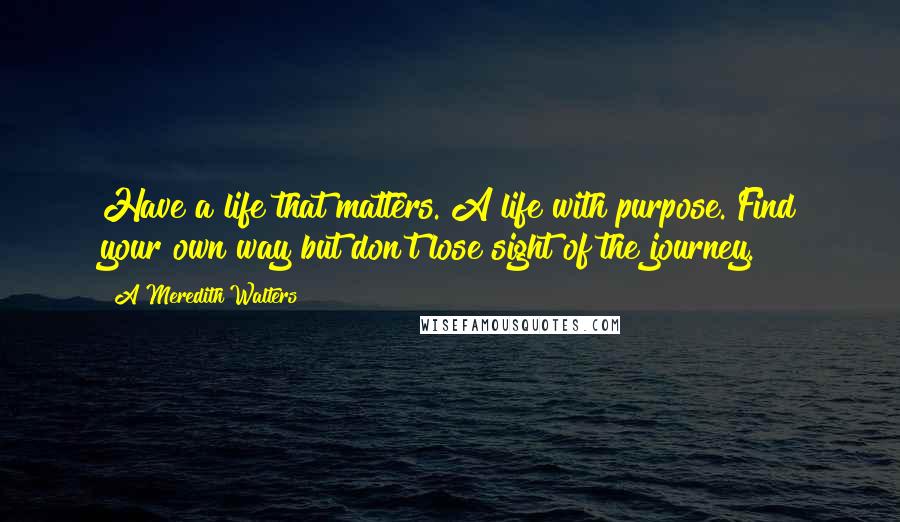 A Meredith Walters Quotes: Have a life that matters. A life with purpose. Find your own way but don't lose sight of the journey.