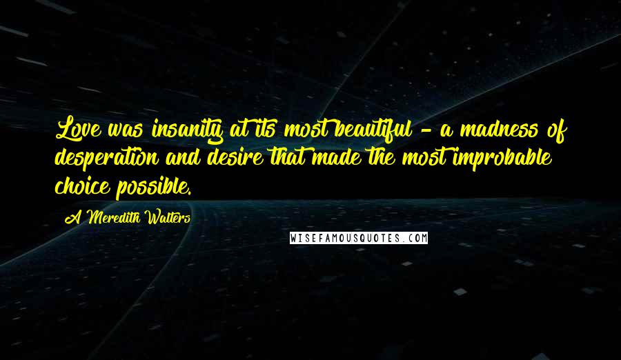 A Meredith Walters Quotes: Love was insanity at its most beautiful - a madness of desperation and desire that made the most improbable choice possible.