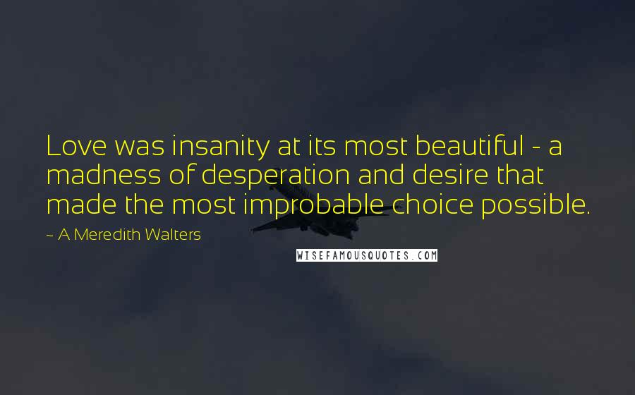 A Meredith Walters Quotes: Love was insanity at its most beautiful - a madness of desperation and desire that made the most improbable choice possible.