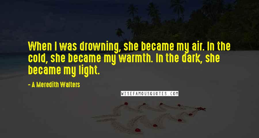 A Meredith Walters Quotes: When I was drowning, she became my air. In the cold, she became my warmth. In the dark, she became my light.