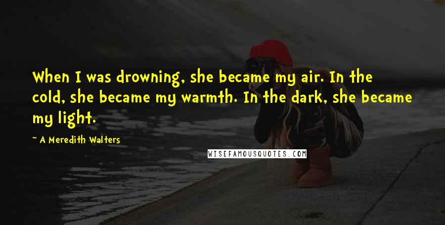 A Meredith Walters Quotes: When I was drowning, she became my air. In the cold, she became my warmth. In the dark, she became my light.