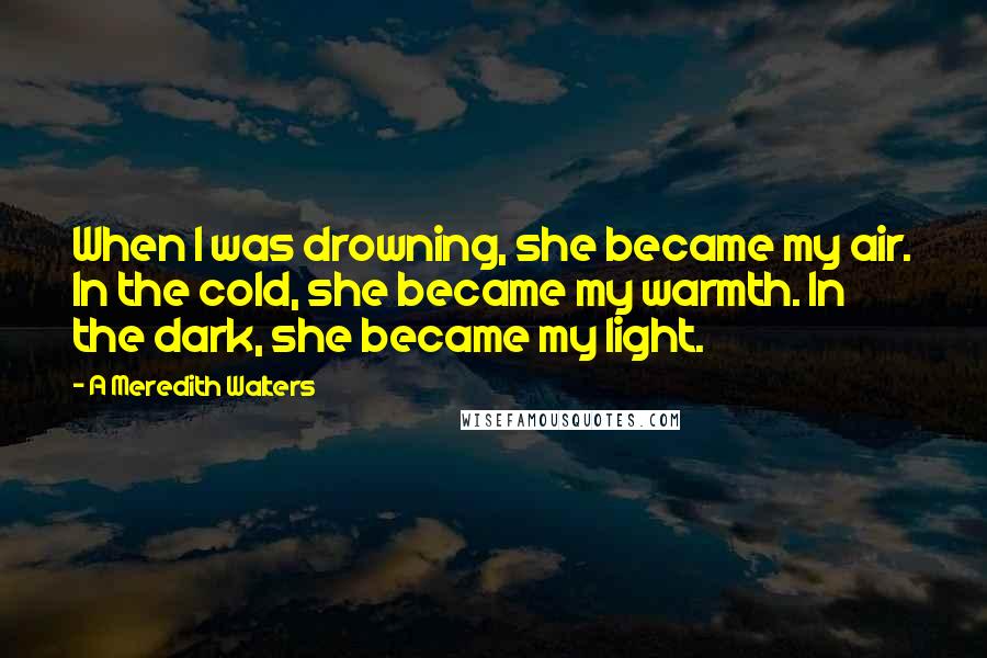 A Meredith Walters Quotes: When I was drowning, she became my air. In the cold, she became my warmth. In the dark, she became my light.