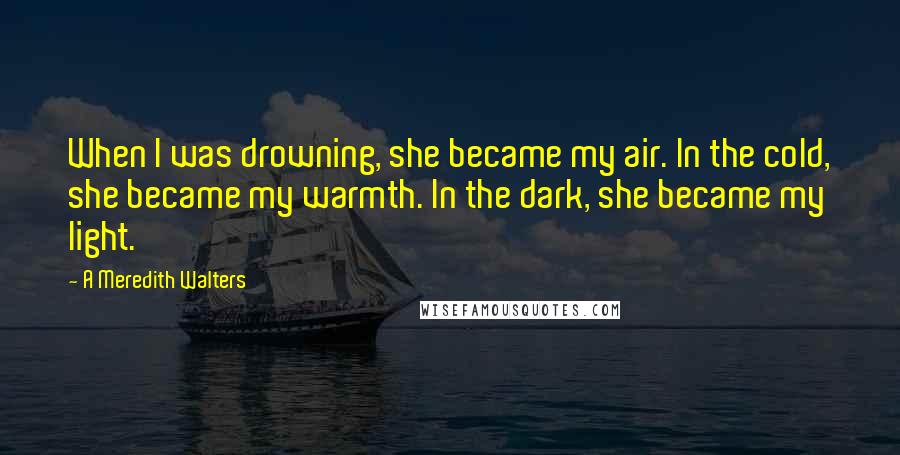 A Meredith Walters Quotes: When I was drowning, she became my air. In the cold, she became my warmth. In the dark, she became my light.