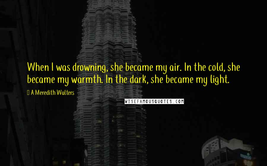 A Meredith Walters Quotes: When I was drowning, she became my air. In the cold, she became my warmth. In the dark, she became my light.