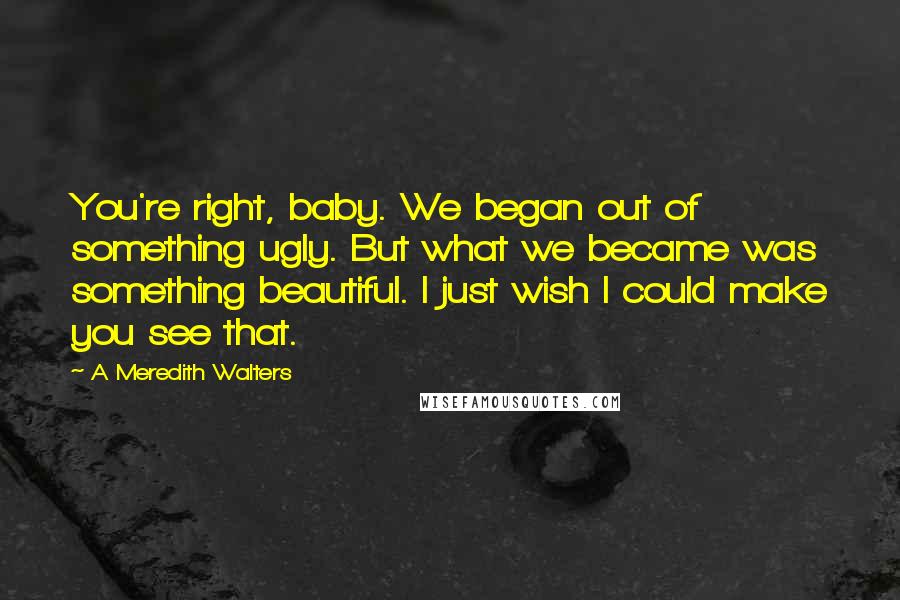 A Meredith Walters Quotes: You're right, baby. We began out of something ugly. But what we became was something beautiful. I just wish I could make you see that.