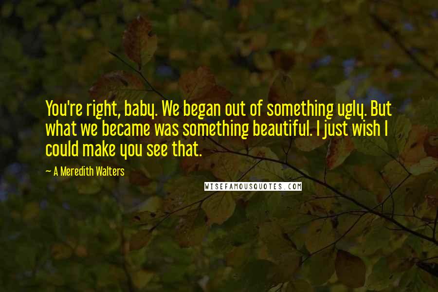 A Meredith Walters Quotes: You're right, baby. We began out of something ugly. But what we became was something beautiful. I just wish I could make you see that.