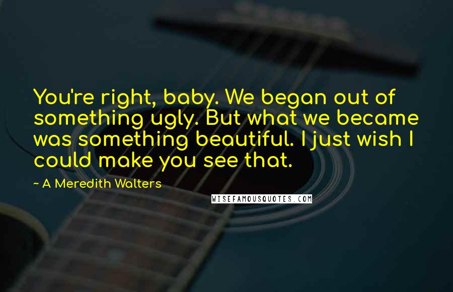 A Meredith Walters Quotes: You're right, baby. We began out of something ugly. But what we became was something beautiful. I just wish I could make you see that.