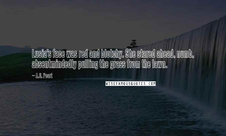 A.O. Peart Quotes: Lusia's face was red and blotchy. She stared ahead, numb, absentmindedly pulling the grass from the lawn.
