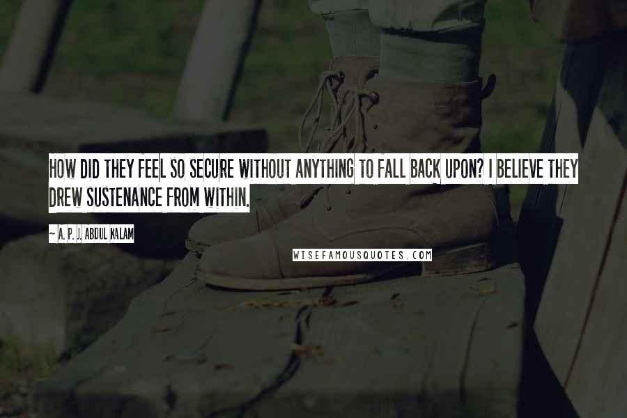 A. P. J. Abdul Kalam Quotes: How did they feel so secure without anything to fall back upon? I believe they drew sustenance from within.