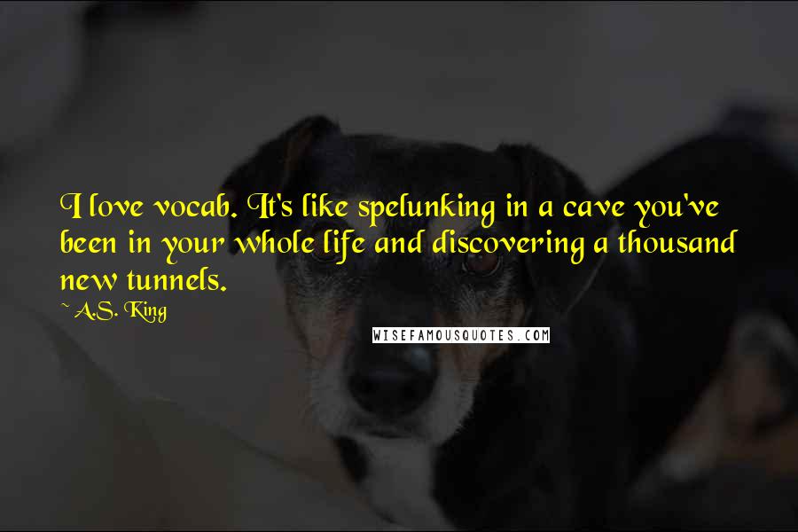 A.S. King Quotes: I love vocab. It's like spelunking in a cave you've been in your whole life and discovering a thousand new tunnels.