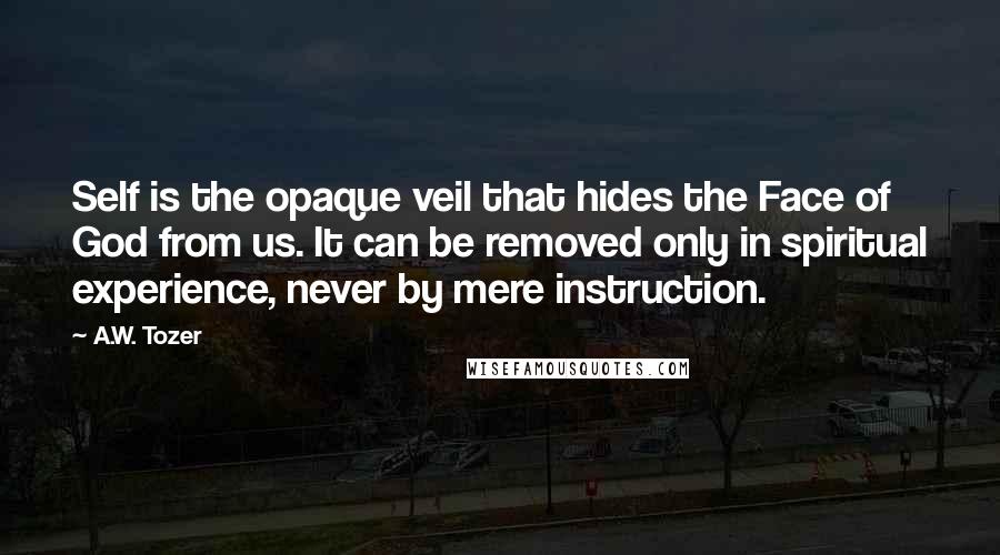 A.W. Tozer Quotes: Self is the opaque veil that hides the Face of God from us. It can be removed only in spiritual experience, never by mere instruction.