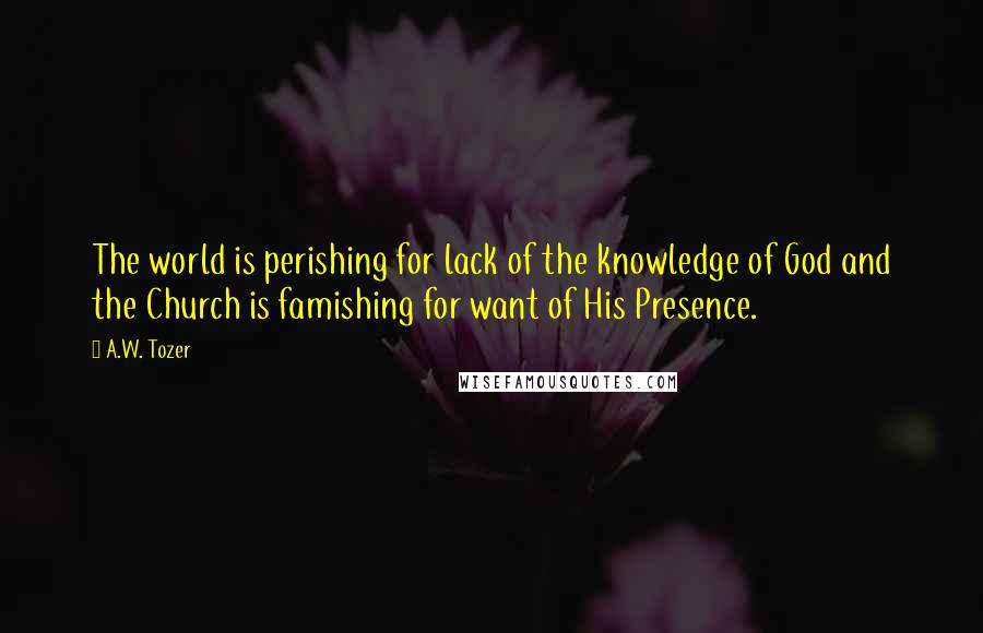 A.W. Tozer Quotes: The world is perishing for lack of the knowledge of God and the Church is famishing for want of His Presence.