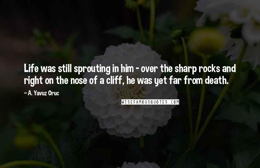 A. Yavuz Oruc Quotes: Life was still sprouting in him - over the sharp rocks and right on the nose of a cliff, he was yet far from death.