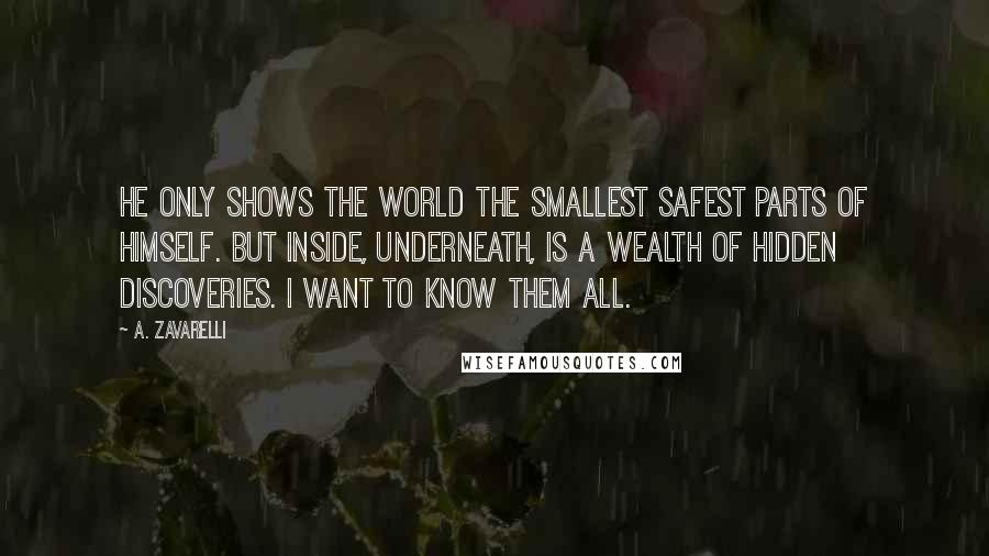 A. Zavarelli Quotes: He only shows the world the smallest safest parts of himself. But inside, underneath, is a wealth of hidden discoveries. I want to know them all.