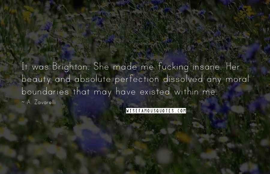 A. Zavarelli Quotes: It was Brighton. She made me fucking insane. Her beauty and absolute perfection dissolved any moral boundaries that may have existed within me.