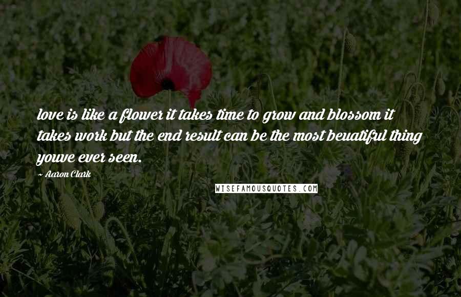 Aaron Clark Quotes: love is like a flower it takes time to grow and blossom it takes work but the end result can be the most beuatiful thing youve ever seen.