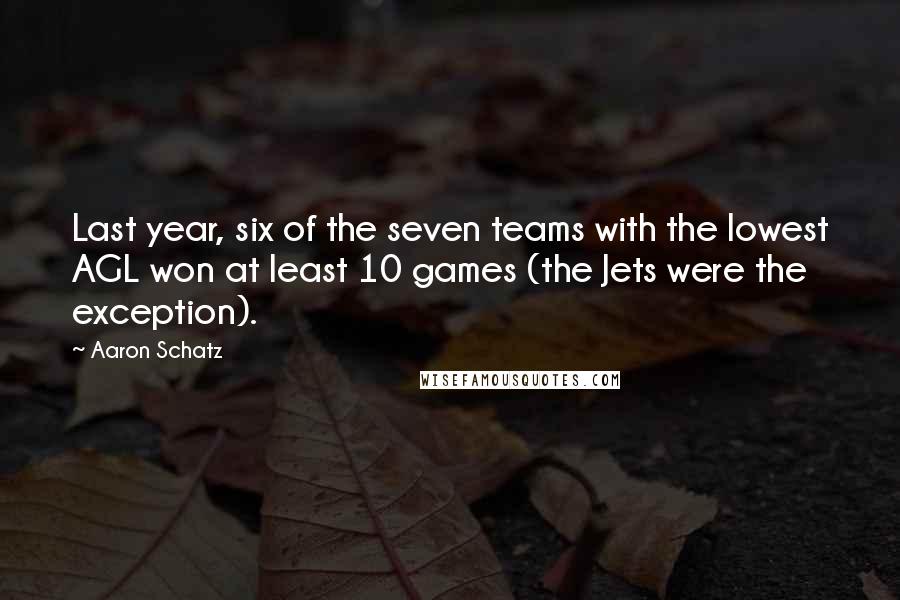 Aaron Schatz Quotes: Last year, six of the seven teams with the lowest AGL won at least 10 games (the Jets were the exception).