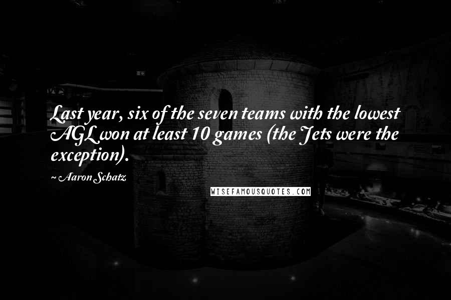 Aaron Schatz Quotes: Last year, six of the seven teams with the lowest AGL won at least 10 games (the Jets were the exception).