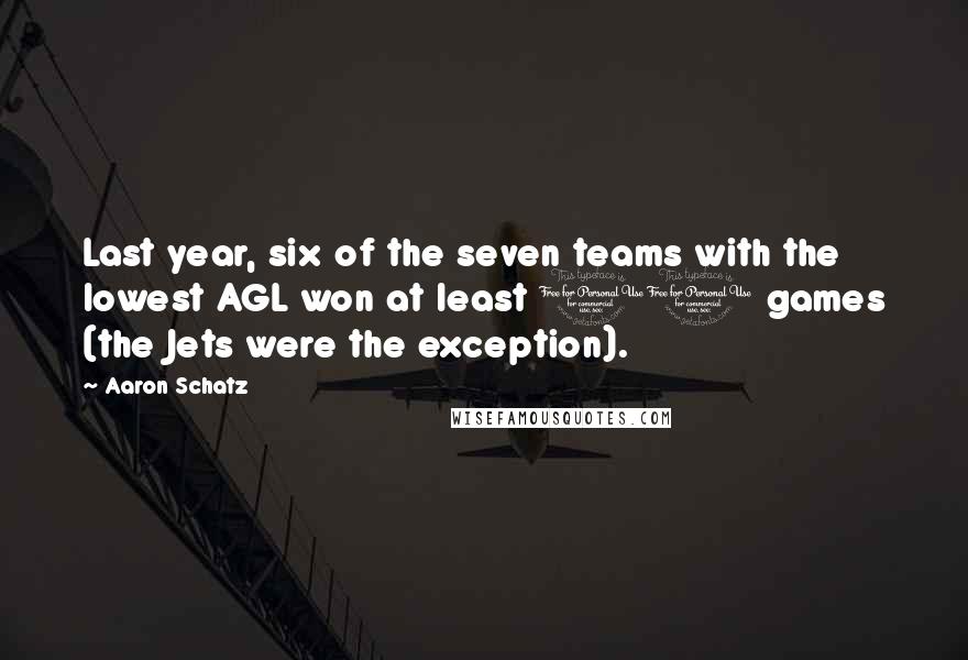 Aaron Schatz Quotes: Last year, six of the seven teams with the lowest AGL won at least 10 games (the Jets were the exception).