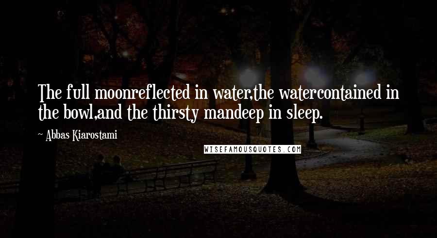 Abbas Kiarostami Quotes: The full moonreflected in water,the watercontained in the bowl,and the thirsty mandeep in sleep.