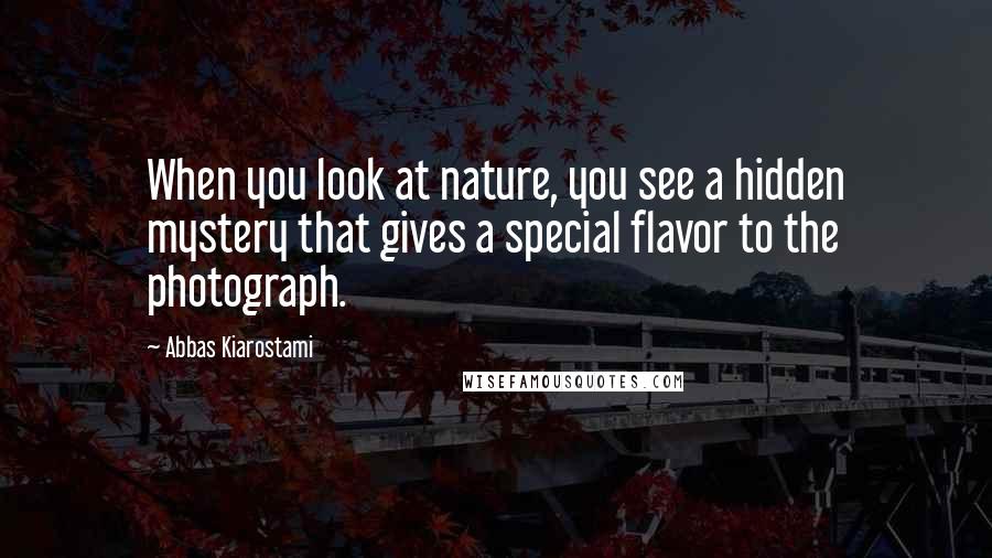 Abbas Kiarostami Quotes: When you look at nature, you see a hidden mystery that gives a special flavor to the photograph.