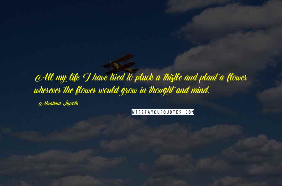 Abraham Lincoln Quotes: All my life I have tried to pluck a thistle and plant a flower wherever the flower would grow in thought and mind.