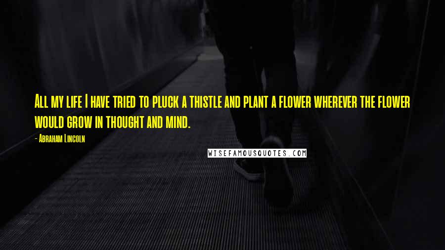 Abraham Lincoln Quotes: All my life I have tried to pluck a thistle and plant a flower wherever the flower would grow in thought and mind.