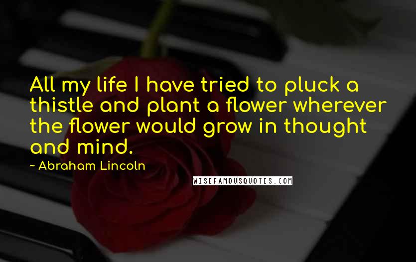 Abraham Lincoln Quotes: All my life I have tried to pluck a thistle and plant a flower wherever the flower would grow in thought and mind.