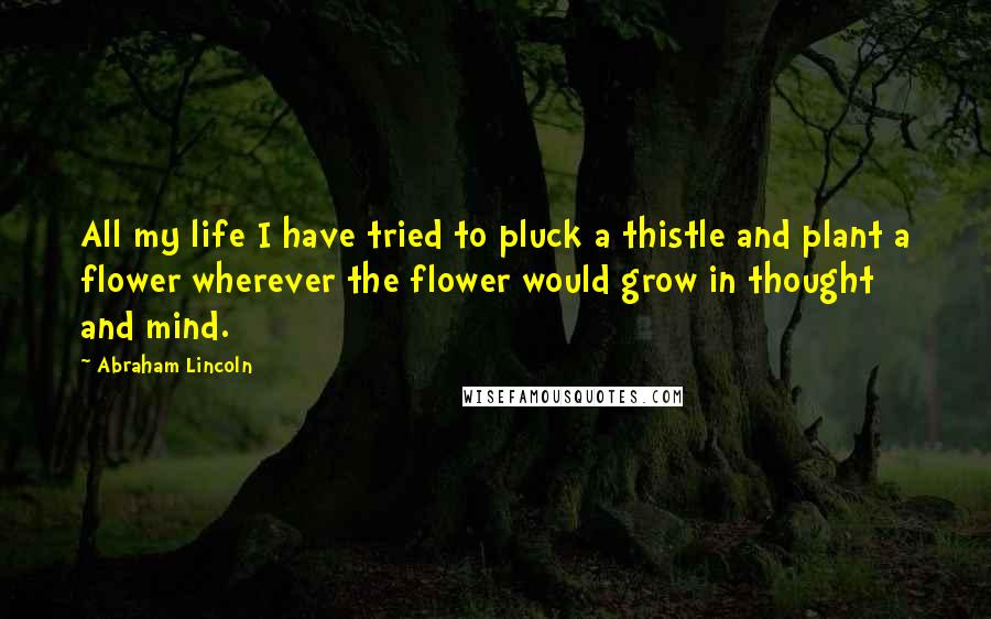 Abraham Lincoln Quotes: All my life I have tried to pluck a thistle and plant a flower wherever the flower would grow in thought and mind.