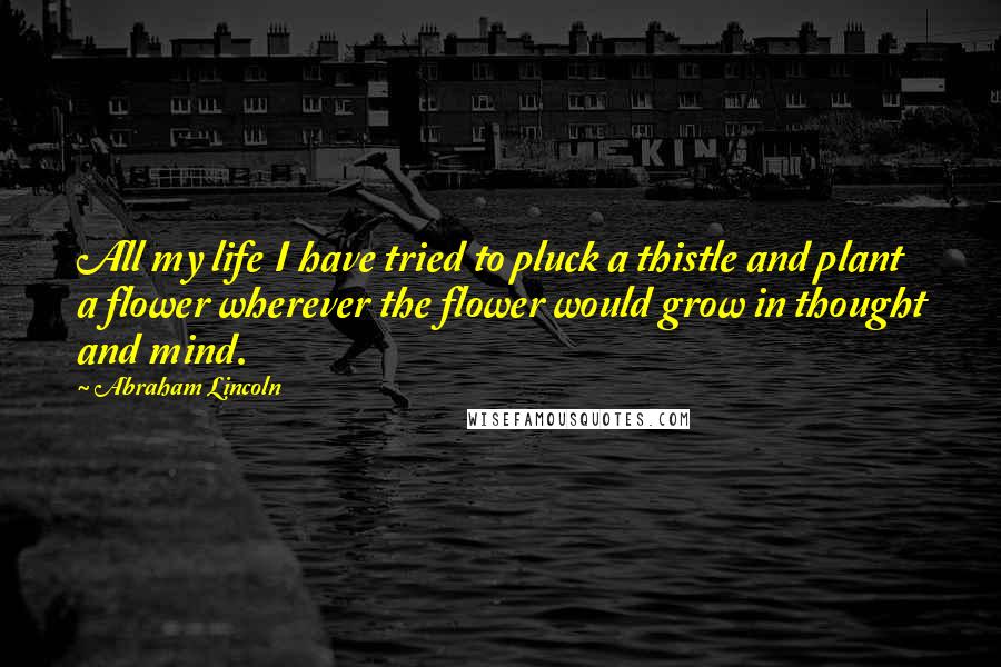 Abraham Lincoln Quotes: All my life I have tried to pluck a thistle and plant a flower wherever the flower would grow in thought and mind.