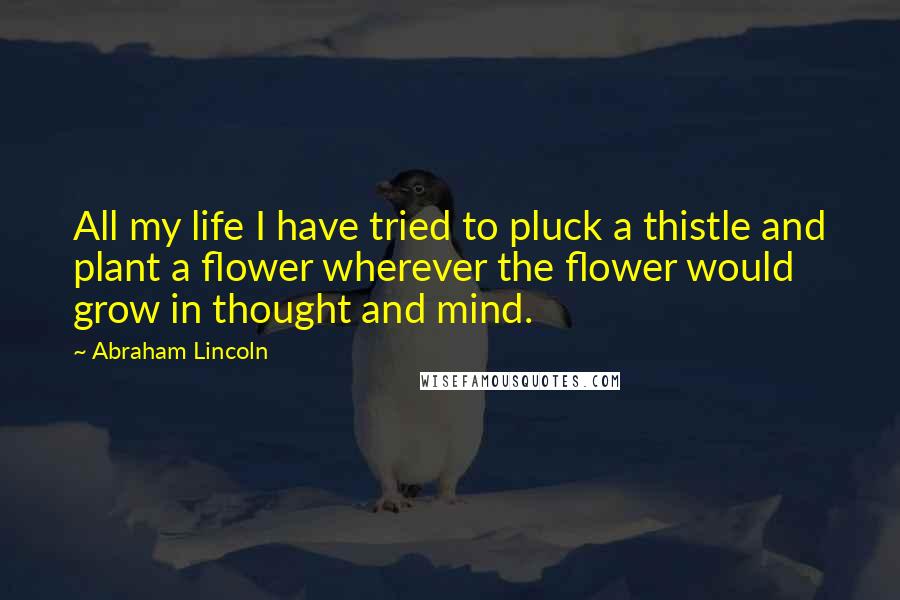 Abraham Lincoln Quotes: All my life I have tried to pluck a thistle and plant a flower wherever the flower would grow in thought and mind.