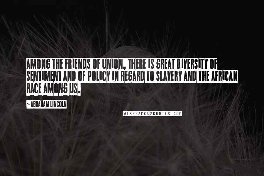 Abraham Lincoln Quotes: Among the friends of Union, there is great diversity of sentiment and of policy in regard to slavery and the African race among us.