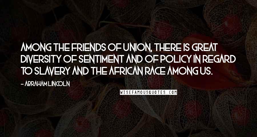 Abraham Lincoln Quotes: Among the friends of Union, there is great diversity of sentiment and of policy in regard to slavery and the African race among us.