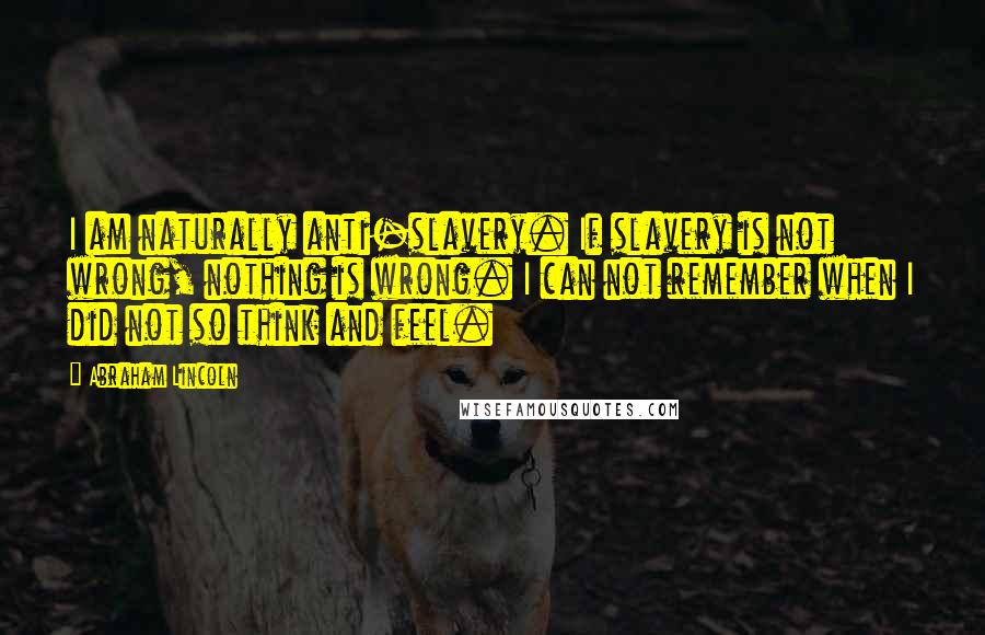 Abraham Lincoln Quotes: I am naturally anti-slavery. If slavery is not wrong, nothing is wrong. I can not remember when I did not so think and feel.