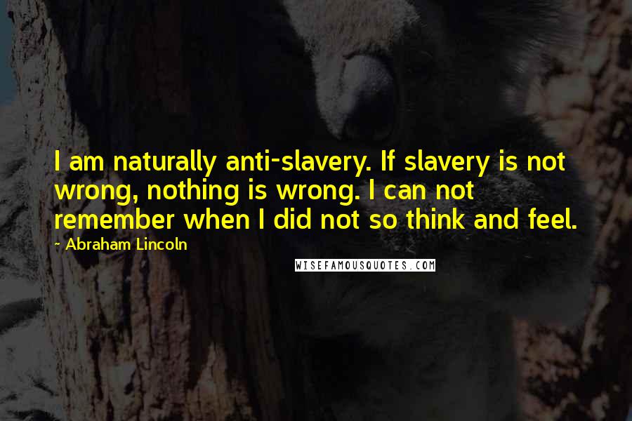 Abraham Lincoln Quotes: I am naturally anti-slavery. If slavery is not wrong, nothing is wrong. I can not remember when I did not so think and feel.