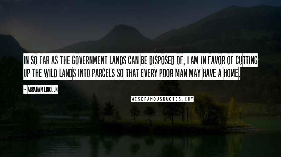 Abraham Lincoln Quotes: In so far as the government lands can be disposed of, I am in favor of cutting up the wild lands into parcels so that every poor man may have a home.