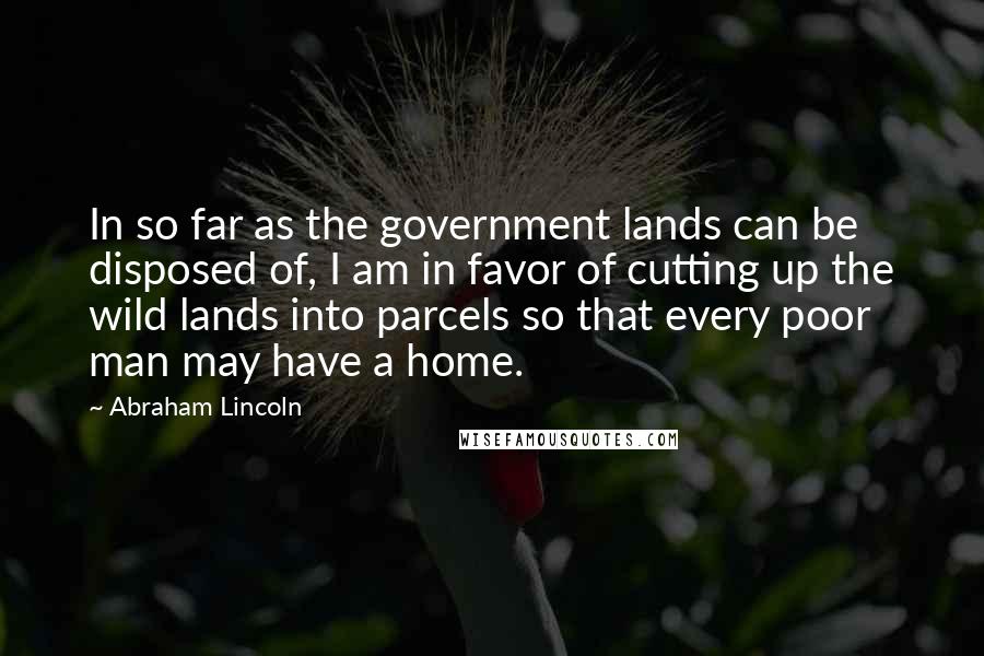 Abraham Lincoln Quotes: In so far as the government lands can be disposed of, I am in favor of cutting up the wild lands into parcels so that every poor man may have a home.